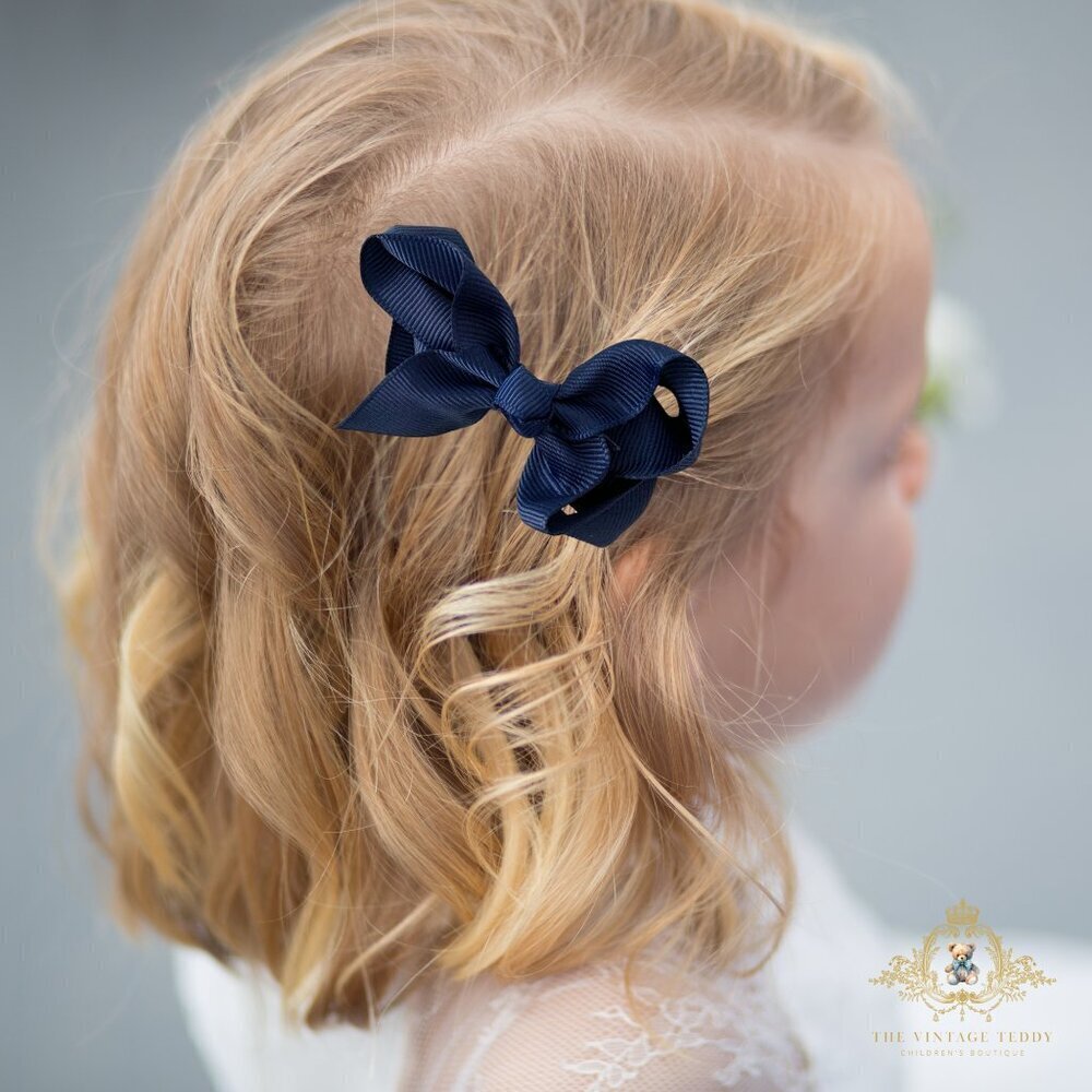 Set of 2 Pretty Girls Hair Bows Grosgrain Ribbon Clip Hair Accessories Navy Blue